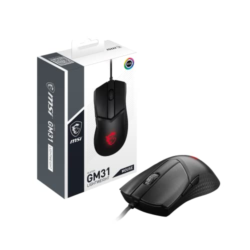 MSI Clutch GM31 Lightweight Gaming Maus - 12.000 DPI Optischer Sensor, Rechtshänder, 60M+ Click OMRON Schalter, 6 Tasten, FriXionFree Kabel, 1ms Latenz, RGB Mystic Light, 58g - Kabelgebunden, schwarz von MSI