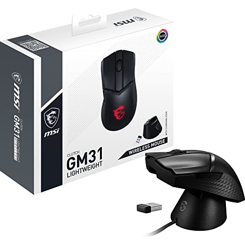 MSI Clutch GM31 Lightweight Wireless Gaming Mouse - 12.000 DPI Optischer Sensor, Rechtshänder, 60M+ Click OMRON Schalter, 6 Tasten, 110Std-Akku, Ladestation, 1ms Latenz, RGB, 73g - Kabellos/-gebunden von MSI