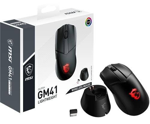 MSI Clutch GM41 Leichte kabellose Gaming-Maus & Ladestation, 20.000 DPI, 60 M Omron-Schalter, Schnelllade-80-Stunden-Akku, RGB-Mystic-Licht, 6 programmierbare Tasten, PC/Mac von MSI