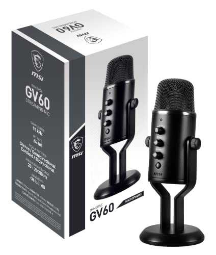 MSI Immerse GV60 Streaming Mikrofon (96 kHz Sample Rate, 24-bit Bit Rate, 20-20.000 Hz, USB-C zu USB-A Kabel 3m, 270 x 110 x 110 mm, schwarz, 1.100 Gramm) von MSI