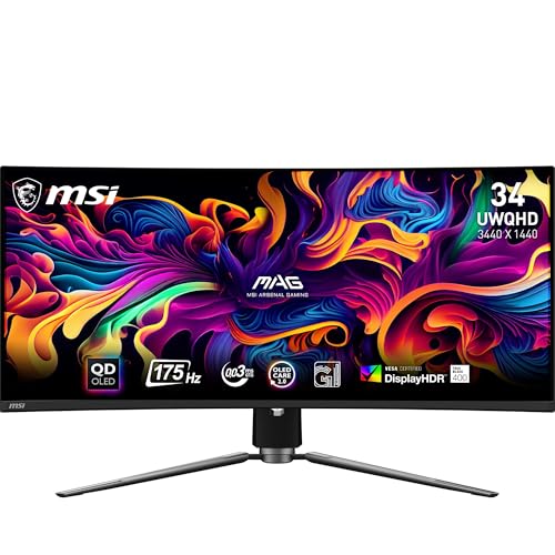 MSI MAG 341CQP QD-OLED Curved Gaming Monitor UWQHD 34 Zoll 1800R Quantum Dot OLED 3440x1440 175Hz / 0,03ms, 99% DCI-P3, ΔE≤2, DisplayHDR True Black 400, KVM, DP 1.4a, HDMI 2.1, USB von MSI