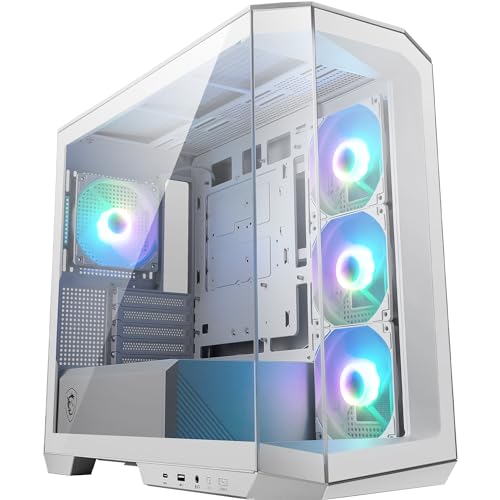 MSI MAG PANO M100R PZ White Micro-ATX PC Case - 3 x 120 mm Reverse-Blade ARGB Fans and 1 x 120 mm ARGB Fan with Hub, GPU Support Stand, Dust Filters, 33 mm Cable Routing Space, USB Type-C (20Gbps) von MSI