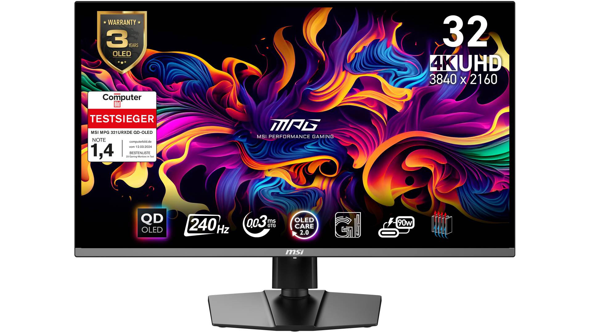 MSI MPG 321URXDE QD-OLED Gaming Monitor - 4K UHD, 240 Hz, 0,03ms MSI OLED Care 2.0, HDMI 2.1 mit 48Gbps Bandbreite, 120Hz , VRR und ALLM Unterstützung von MSI