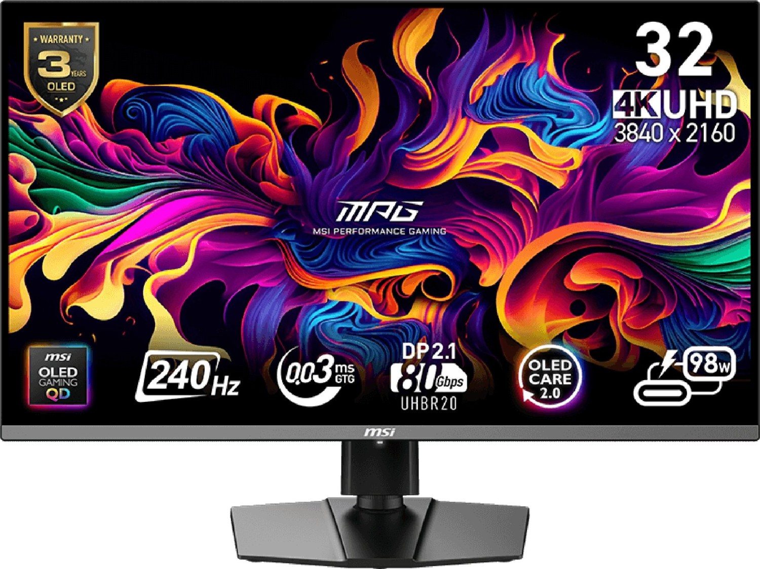 MSI MPG 322URXDE QD-OLED - OLED-Monitor - Gaming - 81.3 cm (32) (31.5 sichtbar) - 3840 x 2160 UHD @ 240 Hz - 1000 cd/m² - 1500000:1 - DisplayHDR 400 True Black - 0.03 ms - 2xHDMI, DisplayPort, USB-C [Energieklasse G] (9S6-3DD29A-021) von MSI