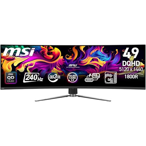 MSI MPG 491CQPXDE QD-OLED, 49 Zoll, DQHD, 5120x1440, 1800R, OLED-Monitor, 240 Hz, 0,03 ms, DisplayHDR True Black 400, G-SYNC™-kompatibel, HDMI™ 2.1, DP 1. 4a, USB C (98 W), höhenverstellbar, Schwarz von MSI