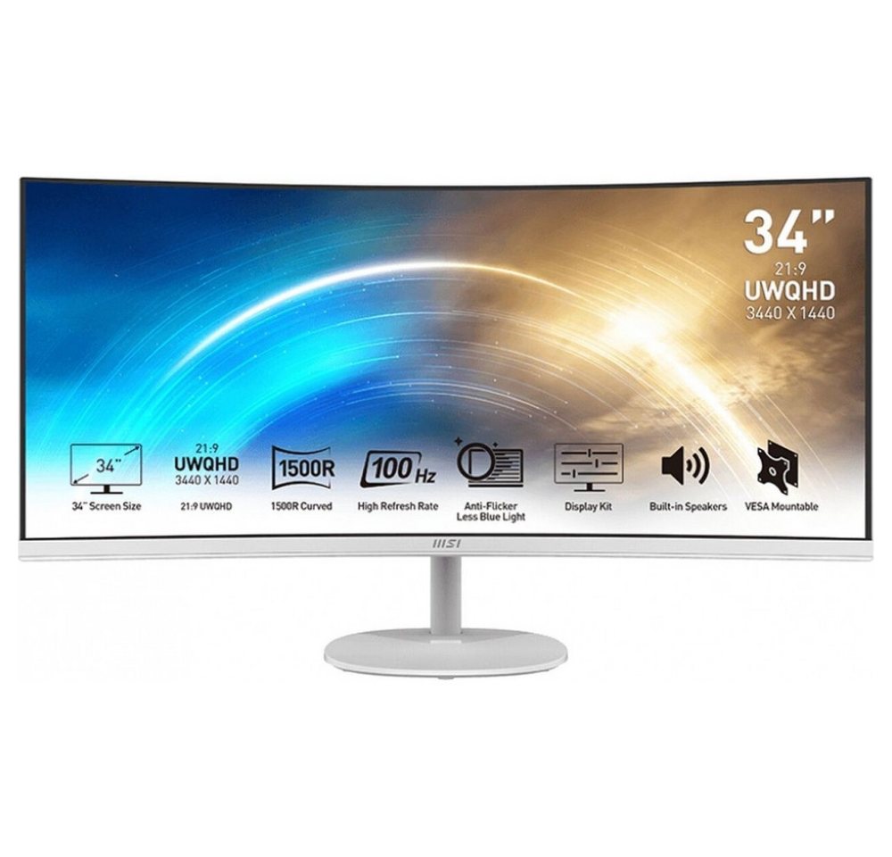 MSI MSI PRO MP341CQWDE 34" UWQHD-Monitor für Kreative. TFT-Monitor (3440 x 1440 Pixel px, UWQHD, 1 ms Reaktionszeit, Entspiegelt, Gebogenes Ultrawide-Panel) von MSI