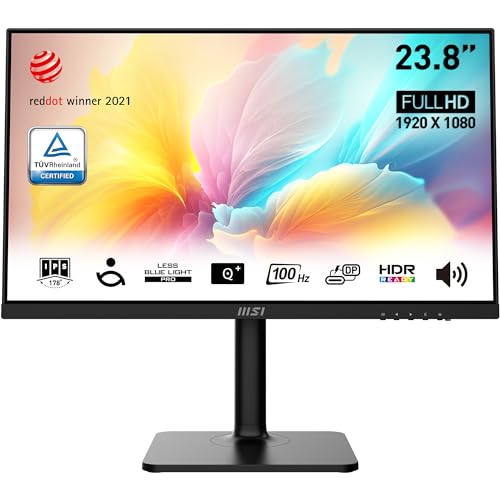 MSI Modern MD2412PDE 23,8 Zoll FHD Office Monitor - 1920 x 1080 IPS Panel, 100Hz, augenschonender Bildschirm, HDR-fähig, eingebaute Lautsprecher, 4-Fach Verstellbarer Standfuß - HDMI 1.4b, USB Typ-C von MSI