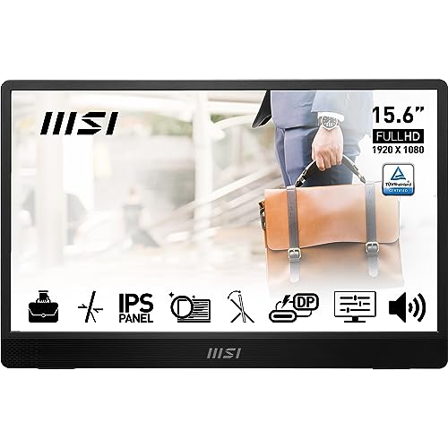 MSI PRO MP161DE E2 15,6 Zoll Full HD Portable Monitor - 1920 x 1080 IPS Panel, 60Hz, augenschonender Bildschirm (PC, Laptop, Mobil), Lautsprecher, Gehäuse und Kickstand - Mini-HDMI 2.0b, 2X USB Typ-C von MSI