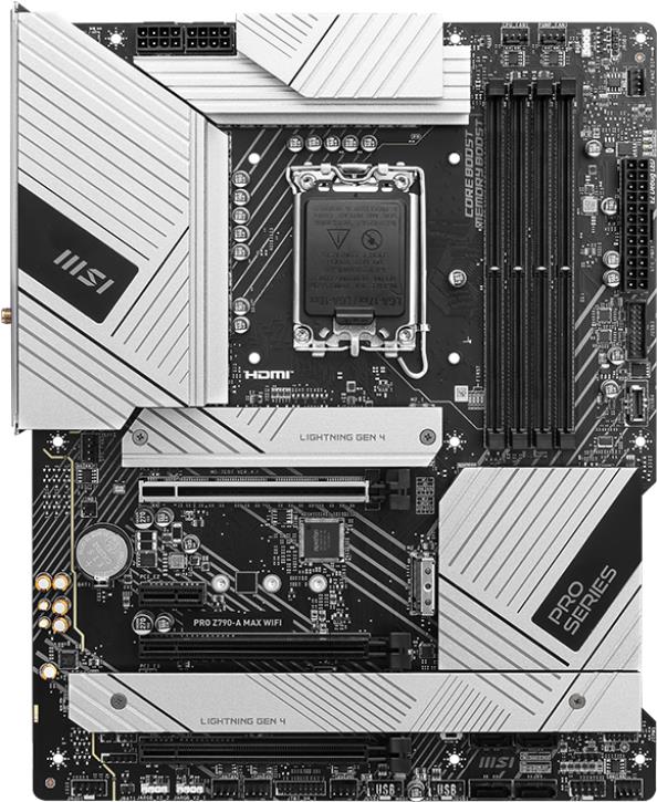 MSI PRO Z790-A MAX WIFI. Prozessorhersteller: Intel, Prozessorsockel: LGA 1700, Kompatible Prozessoren: Intel® Celeron®, Intel® Pentium®, Intel® Pentium® Gold. Unterstützte Arbeitsspeicher: DDR5-SDRAM, RAM-Speicher maximal: 128 GB, Speicherkanäle: Zweikanalig. Unterstützte Speicherlaufwerk-Schnittstellen: M.2, PCI Express, Unterstützte Speicherlaufwerke: HDD & SSD, RAID Level: 0, 1, 5, 10. Ethernet Schnittstellen Typ: 2.5 Gigabit Ethernet, Top WLAN-Standard: Wi-Fi 6 (802.11ax), WLAN-Standards: 802.11a, 802.11g, Wi-Fi 4 (802.11n), Wi-Fi 5 (802.11ac), Wi-Fi 6 (802.11ax). Komponente für: PC, Motherboardformfaktor: ATX, Motherboard Chipsatz Familie: Intel (7E07-014R) von MSI