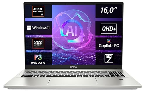 MSI Prestige A16 AI+, Business Laptop, Copilot+ PC, 16,0" QHD+, AMD Ryzen AI 9 365 Prozessor, 32 GB LPDDR5X-7500 RAM, 1 TB, AMD Radeon 880M, Windows 11 Home, QWERTZ Tastatur, A3HMG-036 von MSI