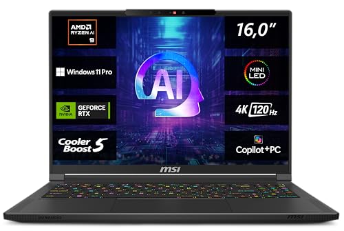 MSI Stealth A16 AI+, Gaming Laptop, Copilot+ PC, 16,0" UHD+, AMD Ryzen AI 9 HX 370 Prozessor, 32 GB LPDDR5X-7500 RAM, 2 TB, NVIDIA GeForce RTX 4070, Windows 11 Pro, QWERTZ Tastatur, A3XVGG-203 von MSI