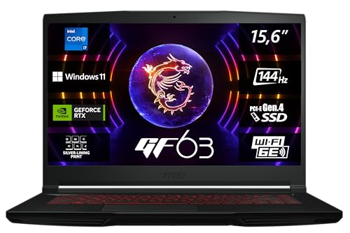 MSI Thin GF63 12VF-298, 39,6 cm (15,6 Zoll) FHD, 144 Hz, Intel Core i7-12650H, 16 GB DDR4-3200, 512 GB SSD RTX 4060 Laptop GPU, Windows 11 Home, Schnelles PCIe SSD-Systemlaufwerk, QWERTZ Tastatur von MSI