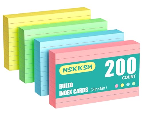 Farbige Karteikarten, 7,6 x 12,7 cm, schwer, liniert, 4 Farben, 50 Stück (4 Stück) – Rosa, Grün, Blau, Gelb, 200 Stück von MSKKSM