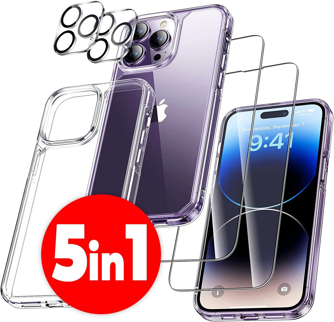 MSM 5in1 Hülle für iPhone 14 Pro 2X Schutzglas 2X Kamera Glas Panzerfolie, Displayschutzglas von MSM