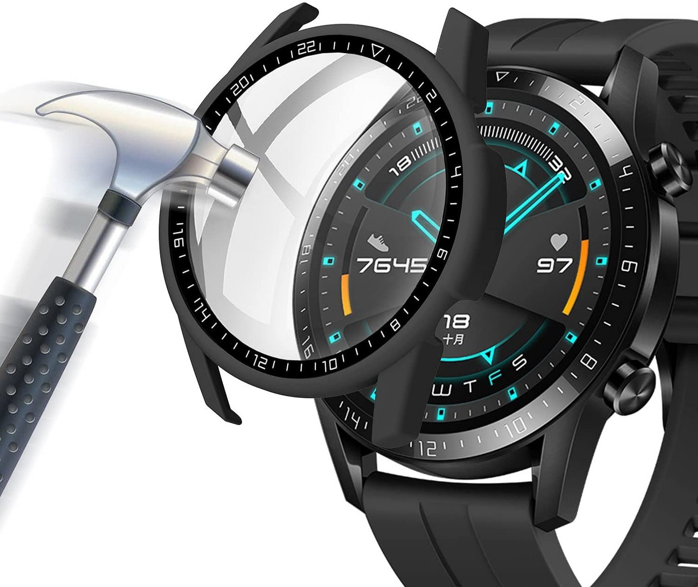 MSM Smartwatch-Hülle Hülle für Huawei Watch GT2 46 mm Schutzhülle Schutzglas Case Display Panzerfolie 9H von MSM