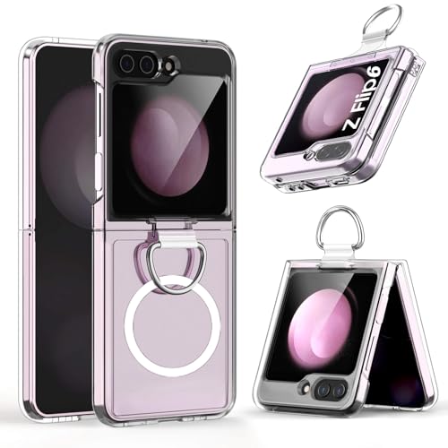 MSOTES Schutzhülle für Galaxy Z Flip 6, kompatibel mit Magsafe, eingebauter starker Magnet- und Ringhalter, kristallklar, harter PC, Anti-Vergilbung, ultradünn, schmale Passform, Samsung Galaxy Z von MSOTES