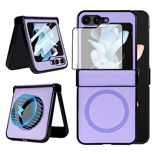 MSOTES für Galaxy Z Flip 5 Hülle mit Scharnierschutz, Eingebauter Displayschutz, Kompatibel mit MagSafe, Luxus Ledertasche Voller Schutz Schlank Leicht für Samsung Galaxy Z Flip5 5G (Lila) von MSOTES