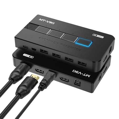 MT-VIKI 4K60Hz HDMI KVM Switch 4 Port mit Hotkey 4 PC 1 Monitor unterstützt Tastatur, Maus und Lautsprecher inklusive 5V-Ladeanschluss 4 USB Kabel und 4 HDMI 2.0 Kabel Auto Scan von MT-VIKI