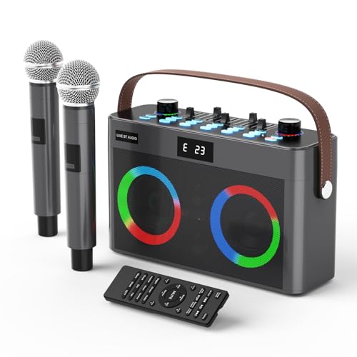 MT-VIKI Audio Mixer Bluetooth Karaoke Maschine Lautsprecher mit 2 drahtlosen Mikrofonen + Handschlaufe, LED-Lichter, TF-Karte, AUX-in für Home Party, Picknick, Auto, Outdoor/Indoor von MT-VIKI