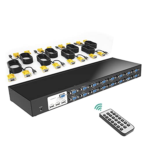 MT-VIKI VGA KVM Switch 16 Port USB VGA KVM Umschalter 16 Port für 1HE Rackmount inklusive 16* KVM-Kabel IR-Fernbedienung 2* Rackmount von MT-VIKI