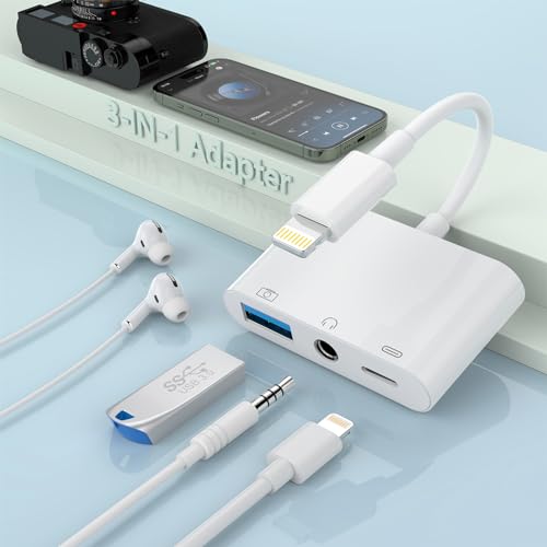 3-in-1 Lightning-auf-3,5-mm-Klinkenstecker für Kopfhörer + Ladegerät + Kamera-Adapter, Apple-MFi-zertifiziert, USB-auf-iPhone-OTG-Audio-Aux-Adapter, verbindet von MTAKYA
