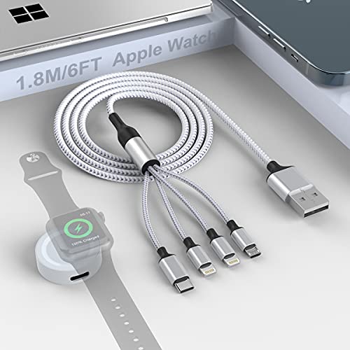 1.8M/6ft Multi 5 in 1 USB Universal Smart-Uhr-Aufladungskabel, Magnetische Watch-Ladegerät + Lightning * 2+Typ C+Micro USB Nylon Geflochtene iPhone-Kabeladapter für Apple Watch-Serie 1-6 SE/Android von MTAKYI