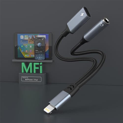 2-in-1 Lightning auf 3,5 mm Headphone Jack Adapter für iPhone und Charger Dongle,【Apple MFi Zertifiziert】 Kopfhörer Konverter Splitter Unterstützung Musik+Laden+HiFi für iPhone (kann Nicht anrufen) von MTAKYI