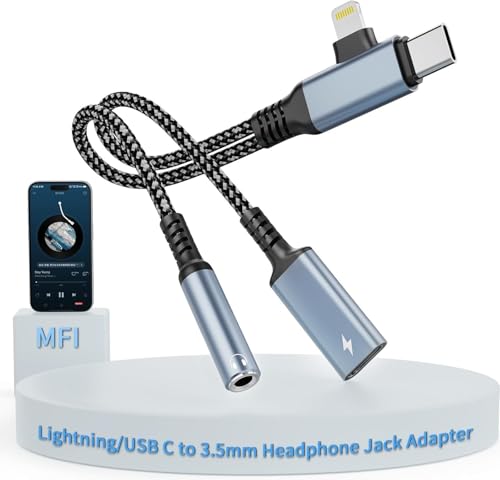 2 in-2 Lightning USBC auf 3.5mm Kopfhörer- und Ladeadapter, [MFi Certified] USB C auf Aux Audio Jack mit PD 60W Schnelllade-Dongle, Kopfhöreradapter für iPhone 16/15 14/13, Galaxy, Pixel von MTAKYI
