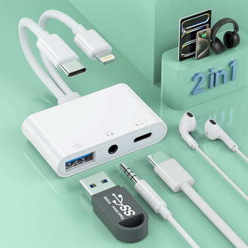 2-in-3 Lightning + USB C auf 3,5 mm AUX-Audio-Kopfhörer-Splitter-Adapterkabel, USB-OTG-Kamera-Adapter + 3,5-mm-Klinkenstecker + Typ-C-Kopfhörer/Ladeanschluss, Handy-Splitter für iPhone 15/14/13 2-in-3 Lightning + USB C auf 3,5 mm AUX-Audio-Kopfhörer-Splitter-Adapterkabel, USB-OTG-Kamera-Adapter + 3,5-mm-Klinkenstecker + Typ-C-Kopfhörer/Ladeanschluss, Handy-Splitter für iPhone 15/14/13 von MTAKYI