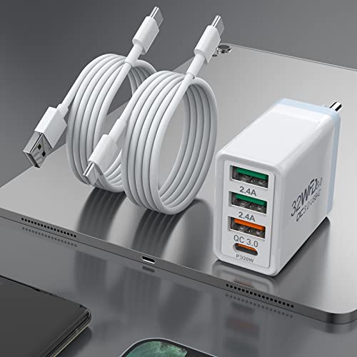 32W USB C Ladegerät+QC 3.0 USB Netzteil High-Speed ladeadapter, 4-Port USB Ladegerät Mehrfach USB Ladestecker für Samsung S21 S20 S10, iPhone 12 11 Pro XR X, Pad, Inklusive Typ-C- und USB-Kabel von MTAKYI