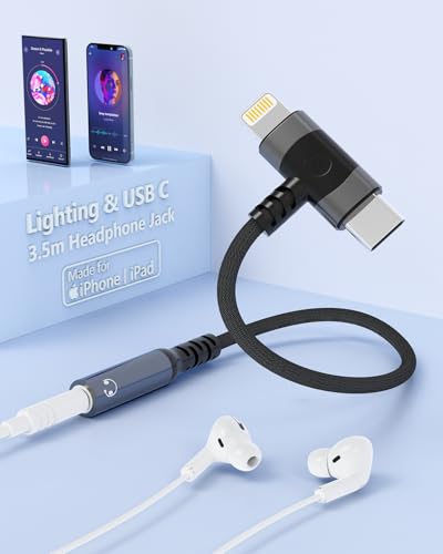 Lightning & USB-C auf 3,5 mm Kopfhörer-Adapter, 2 in 1 Kopfhörer-Adapter, Typ C Kopfhörer-Buchse-Adapter, Aux Digital Audio Kopfhörer Hi-Res DAC geeignet für iPhone16 15/Samsung Galaxy/Pixel, 2PCS von MTAKYI