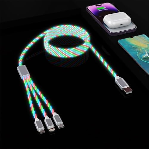 LED Light Up iPhone Flowing 3 in 1 Ladekabel, [MFi zertifiziert] Multi-Ladekabel Lightning Kabel mit USB-C&Micro USB, Glühendes Lightning-Kabel für Apple iOS iPhone, Pad, Google, Android von MTAKYI