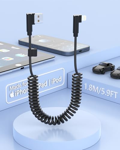 Lightning Spiralkabel, Apple Carplay Kabel mit Datensynchronisation, 90 Grad iPhone kabel kurz für iPhone/Pad/Pod, [Apple MFi-zertifiziert] Kurz iPhone Ladekabel für Das Auto von MTAKYI