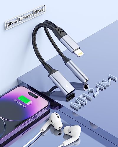 iPhone Kopfhörer Adapter und Splitter, [Apple Mfi-Zertifiziert] 2 in 1 Lightning auf 3.5 mm AUX Audio Ladegerät-Splitter Kompatibel mit iPhone 14/13/12/11/SE/XR/XS/8/7/ Pad für alle iOS von MTAKYI