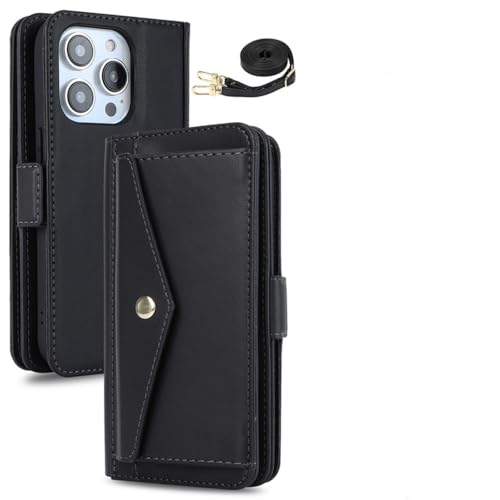 MTONY Schutzhülle mit Umhängeband für iPhone 15, 14 Plus, 13, 12, 11 Pro Max, Kreditkartenschlitz, Ständer, PU-Leder, Stil 1, für IP 14 Pro Max von MTONY