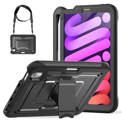 Kompatibel mit iPad Mini 7 Hülle (A17 Pro) 2024/Mini 6 8,3 Zoll mit Stifthalter, integrierter Displayschutzfolie, robuste, stoßfeste Schutzhülle, robuste Abdeckung, Mini 7. / 6. Generation (schwarz) von MUDASANQI