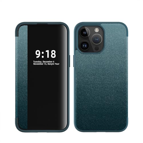 MUDASANQI Smart Case kompatibel mit iPhone 15 Pro Max, durchscheinendes Sichtfenster, ultradünne Leder-Schutzhülle für iPhone 15 Pro Max (Grün) von MUDASANQI