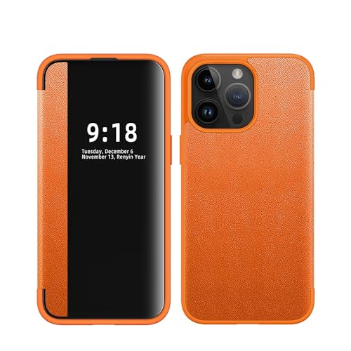 MUDASANQI Smart Case kompatibel mit iPhone 15 Pro Max, durchscheinendes Sichtfenster, ultradünne Leder-Schutzhülle für iPhone 15 Pro Max (Orange) von MUDASANQI