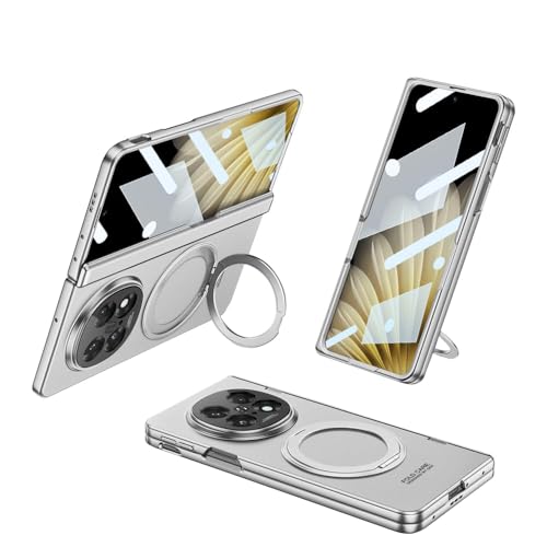 Magnetische Schutzhülle, kompatibel mit Oppo Find N5 2025, ultradünn, Luxusbeschichtung, stoßfest, mit integriertem Displayschutz und drehbarem Ständer (Silber) von MUDASANQI