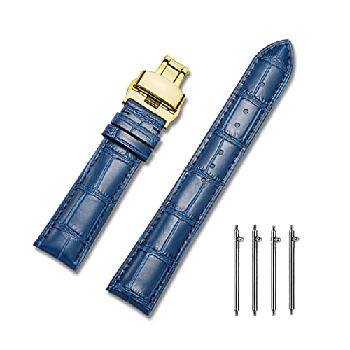 MUENShop Uhrenarmband mit faltschließe Leder Schnellverschluss Echtleder Armband für 18mm-24mm Schwarz Braun Blau Grün Kalbsleder Ersatz für Herren/Damen (20mm, Blau goldene) von MUENShop
