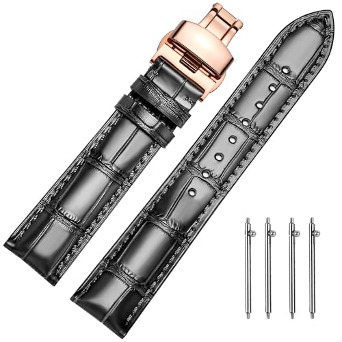 MUENShop Uhrenarmband mit faltschließe Leder Schnellverschluss Echtleder Armband für 18mm-24mm Schwarz Braun Blau Grün Kalbsleder Ersatz für Herren/Damen von MUENShop