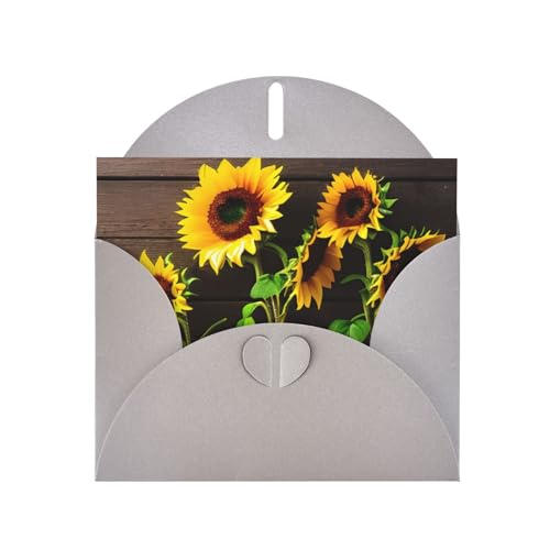 MUFLVDX Drei Sonnenblumen auf Holz-Grußkarte für alle Anlässe mit Umschlägen, Perlenpapierkarten für Geburtstage, Jubiläen, Weihnachten von MUFLVDX