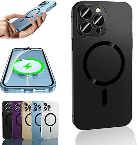 Magnetic Charging Aluminium Metal Bumper Matte Case Cover for iPhone 14/13/12/Plus/Pro/Pro Max,Compatible with MagSafe,Full Lens Protection, Non-Fingerprint & Stain. (für iPhone 13 Pro, Schwarz) von MUGUOY