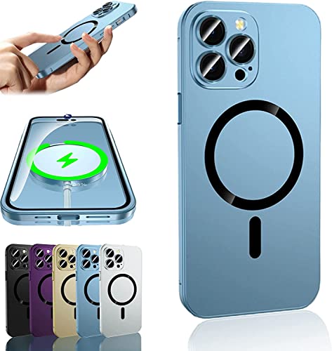 Magnetic Charging Aluminium Metal Bumper Matte Case Cover for iPhone 14/13/12/Plus/Pro/Pro Max,Compatible with MagSafe,Full Lens Protection, Non-Fingerprint & Stain. (für iPhone 14, Blau) von MUGUOY