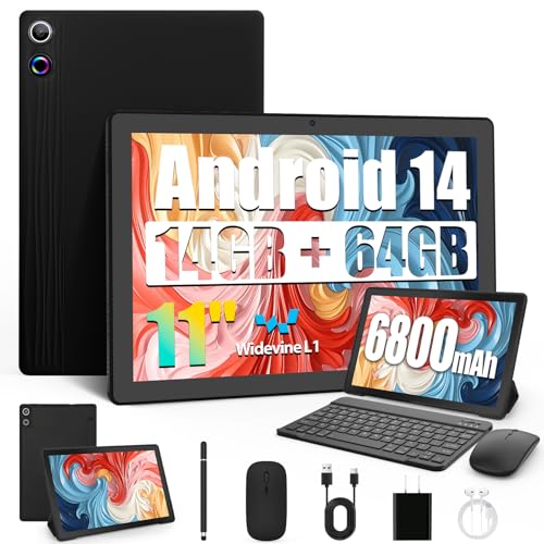 Laptok 2025 Newest Tablet 11 Zoll Android 14 Octa-Core mit 14GB RAM+64GB ROM (TF 1TB), 6800mAh, Widevine L1, WiFi 6, Bluetooth5.0, Type-C, Tablet mit Tastatur Maus - Schwarz von Laptok