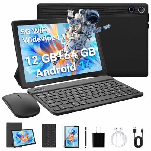 MUJENYZ Tablet 25,4 cm (10 Zoll), Android, 14,12 GB RAM + 64 GB ROM (TF 1 TB), Widevine L1/Face Recognition Unlock/WiFi 6, 8-in-1-Tablet-Kit (mit Stylus-Stift + Schutzhülle + kabellose Maus + von MUJENYZ
