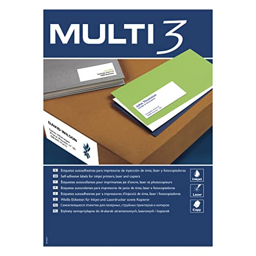 MULTI 3 4729 Klebeetiketten für Drucker, Tintenstrahldrucker und Kopierer, 99,1 x 67,7 mm, 100 Blatt von multi3