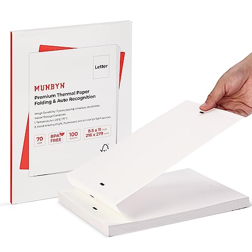 MUNBYN Thermodrucker-Papier, 21,6 x 27,9 cm, US-Briefgröße, 100 Blatt, kompatibel mit ITP01/A40, nicht kompatibel mit ITP04, Thermopapier mit kontinuierlicher Zufuhr von MUNBYN