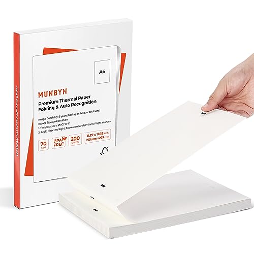 MUNBYN Thermopapier A4 210 x 297mm, 200 Blatt Thermo Druckerpapier A4, Thermo Printer Paper A4 Kompatibel mit MUNBYN Thermal Printer A4, Weiß von MUNBYN