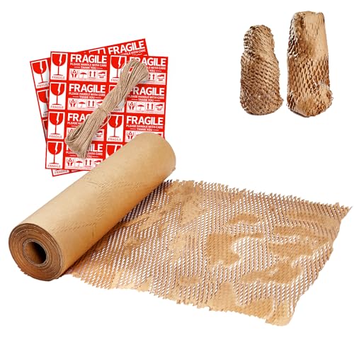 MUNBYN Wabenverpackungspapier, 38,1 x 36,6 m, umweltfreundliches und recycelbares Kissenmaterial, Umzugszubehör mit 16 zerbrechlichen Aufkleber-Etiketten und 30 m Juteweinrot (braun) von MUNBYN